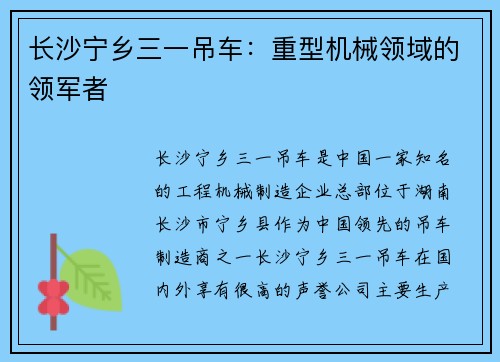 长沙宁乡三一吊车：重型机械领域的领军者